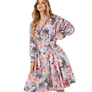 Women's Comic-Inspired Wrap Mini Dress V-Neck Long Sleeve S,M,L